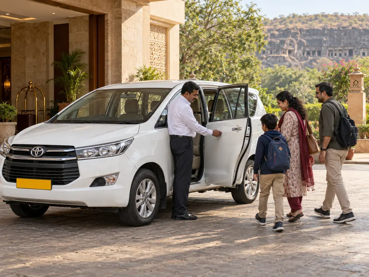 Solapur Car Rental Service – Shourya Tours & Travels Family boarding an Innova Crysta – Solapur car rental service by Shourya Tours & Travels